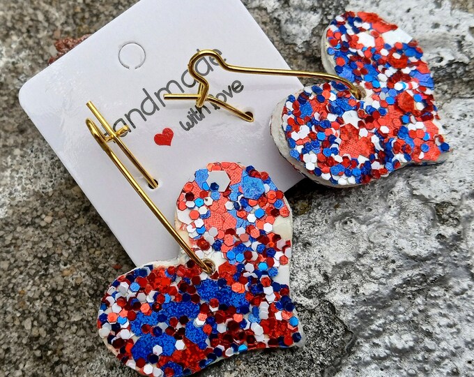 Small Hearts Earrings with Box-Glitter-July 4th Bow-MOM Earrings Patriotic Independence Day USA-Sparkles Earrings for Earrings-Faux leather