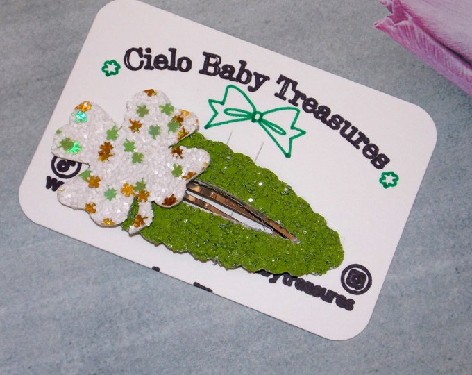 St. Patrick's Day Shamrock Glitter Hair Bow Clip, Baby Girls Headband Outfit