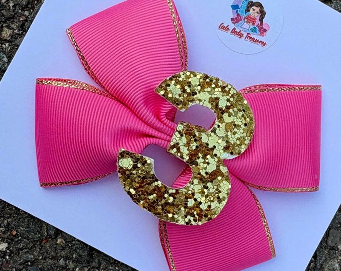Pink or Red with Gold Birthday Hair Bow: Custom Number, Cupcake Party