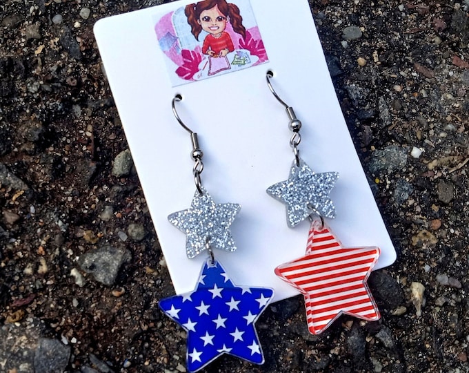 Earrings Stars and Stripes Holiday-Handmade Acrylic Flag Earrings Independence Day-Silver,Red,White and Blue-Patriotic 04th of July