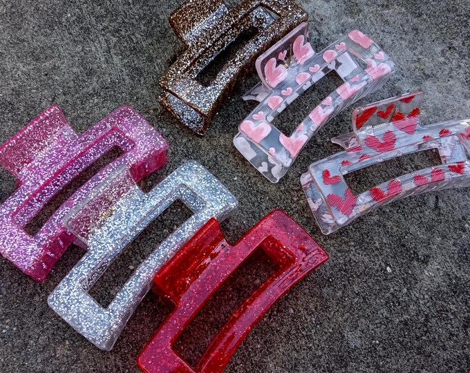 Glitter Valentine Hairpin-Hair Clips Love-Clear Acetate-Red Heart Acrylic claw-Pink Plastic-Resin-Accessories-Toddler Clip-Big Barrette