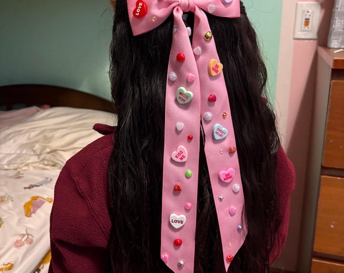 Pink Conversation Hearts Hair Bow - Valentine's Day Earrings
