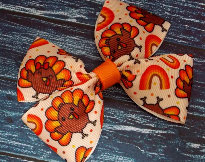 Thanksgiving Hair Bow: Orange Fall Leaves, Pumpkin Ribbon - 4 Inch