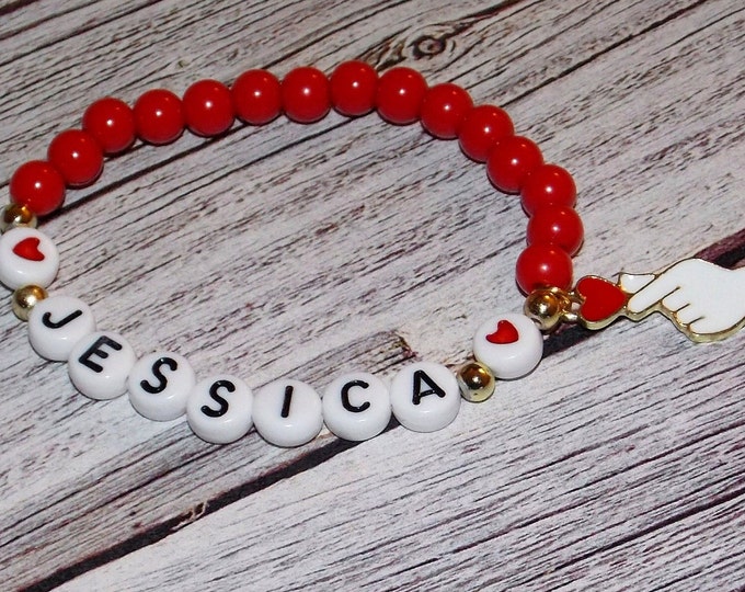 Personalized Baby Bracelet, Red Pearls, Hearts, Toddler Gift