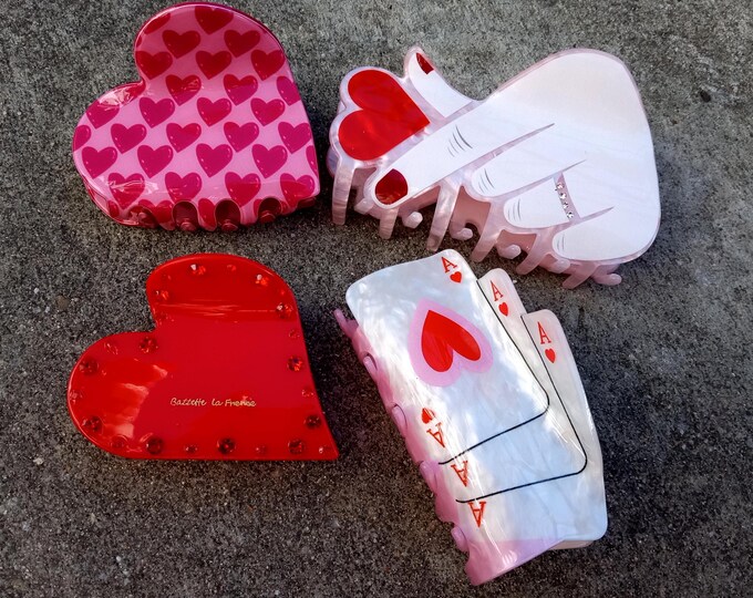 Valentine Hairpin-Hair Clips Love-Pink Acetate-Red Diamonds Heart Acrylic claw-hand with heart Plastic-Resin-Accessories-Letter Clip-Barrett