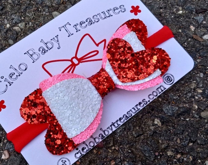 LOVE My First Valentine Day Baby Hair Bow-headband Bow Red With Heart- Glitter Chunky Bow- Hair Bow-white, Red & Pink Double Stacked Glitter