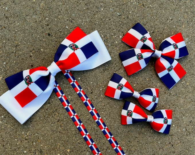 Dominican Republic Hair Bows-Red, White & Blue-February 28th pigtail bows-Soy Dominicana-Party-outfit-February 28th-Hispanic Heritage Month