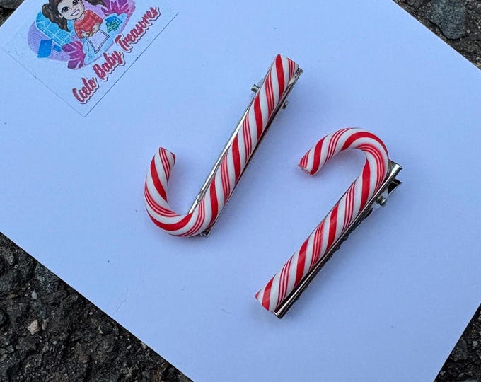 Set of 2 Candy Cane Hair Clip: Earrings or Clips Red and White Christmas