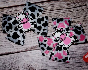 Moo Moo Hair Bows-Cow Hair Bows-Farm Animal Bow-Cow Girl Hair Clip-Pink,White and Black Ponytail Holder-Birthday Grosgrain Cow Bow-gift her