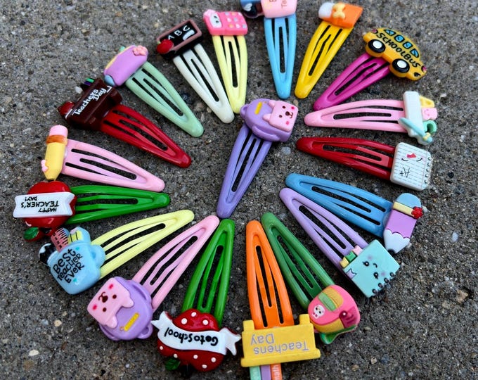 Set of 2-Back to School Hair Clips: Resin Pencil, Apple, Bus