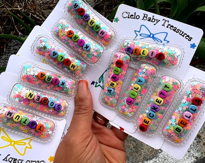 Name Shaker Clip or Headband-Personalized Confetti Holiday-Glitter Sequin-Love-Sparkle-Rainbow Birthday-Bat Halloween-Ghost-Reindeer-pumpkin