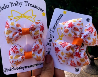 Fall leaves hair bows-Girl hair bow-Pigtail Set Bows-Fall Pumpkin Octopus Ribbon Bow-Halloween Bow Girl-Autumn Little Girl Thanksgiving Bow.