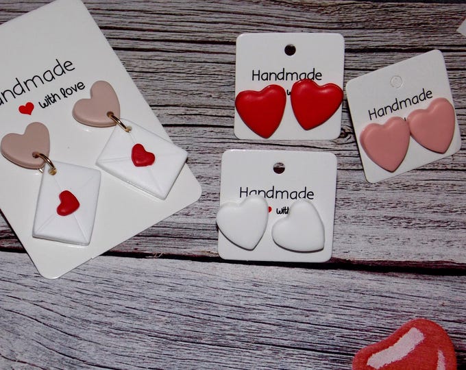 Hearts Shape for Valentine's Day Earrings-Love Earrings-Modern White, Mauve & Red Heart Clay Earrings-Polymer Clay Earrings-Stud-Holiday