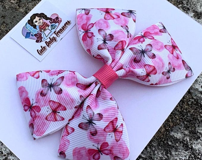 Butterfly Hair Bow: White & Pink, Nylon Headband or Clip