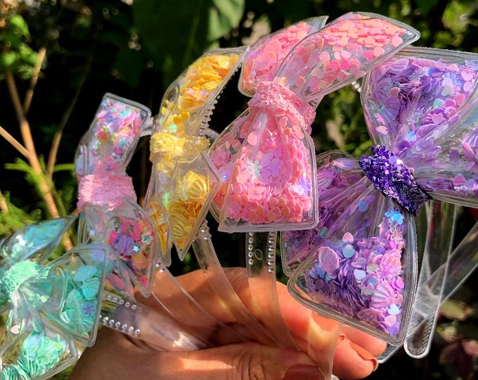 Plastic Headband with Confetti Shells, Hearts, Stars, Pastel Glitter, Summer Accessory