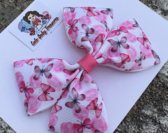 Butterfly Hair Bow: White & Pink, Nylon Headband or Clip