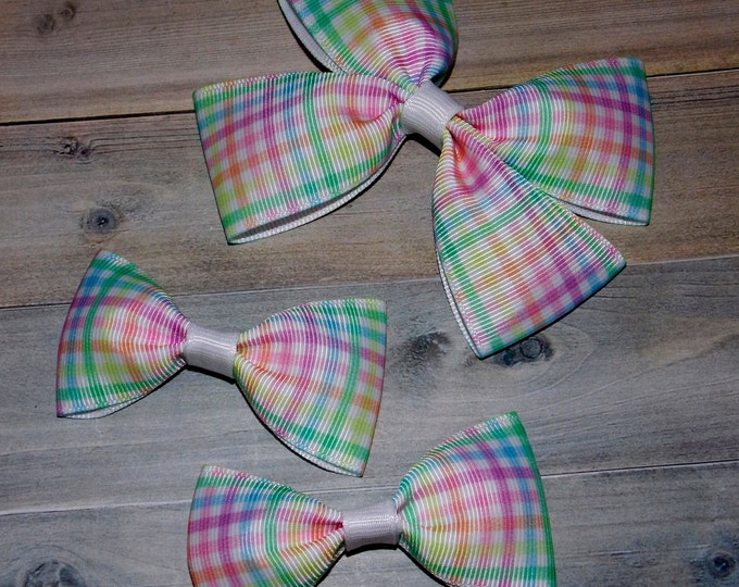 Pastel Rainbow Plaid Bow: Handmade Alligator Clip Hair Accessory