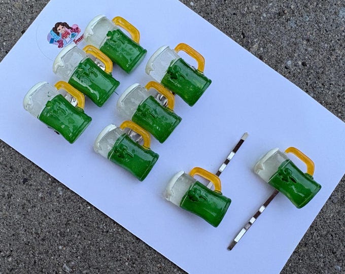 St. Patrick's Day Shamrock Hair Clips: Green Beer Alligator Pins (Set of 2)