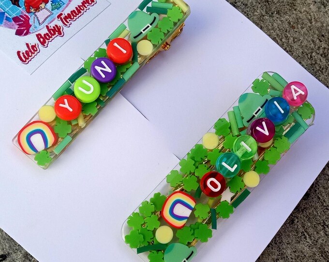 Personalized St Patrick’s Day Hair Clip-Name Resin Hair-Shamrock Green-Rainbow Elegant Clip-Minimalist Shaker Barrette Green Party Birthday