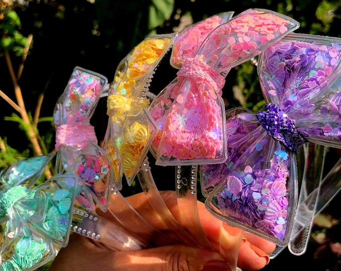 Plastic Headband with Confetti Shells, Hearts, Stars, Pastel Glitter, Summer Accessory