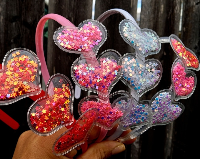 Set of 2 Snap Clips or Headband of Hearts-Valentine Day-Birthday Girl-Sparkle Glitter-Sequin Headband Summer-Confetti Shaker Stars
