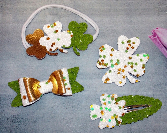 Hair Bows St Patrick’s day Baby Headband,Pinch Proof, Shamrock Glitter Hair Bow Outfit,Bows for Baby Girls,Mommy and Me + Freebie