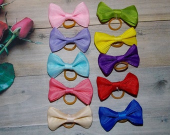Set of 2 Bows,1.5 Inch Pigtails Mini Dog Hair Bow  for Dog-Rubber Bend Dog Bow Solid Color Small Ear Stacked Pet Bow Barrette-Colorful Bow