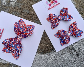 Set of 2 Small Hair Bows or Medium-Pigtail Glitter Bow-July 4th Bow-My First Patriotic Independence Day USA-Chunky Bow Girl-Faux leather Bow