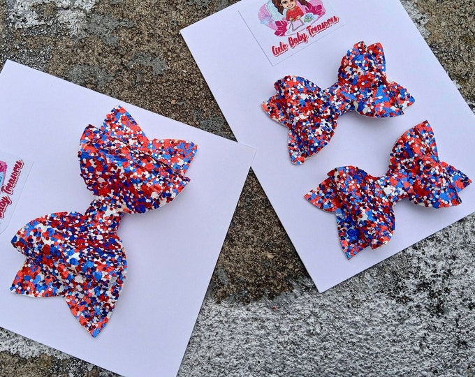 Red White Blue Glitter Hair Bow: 4th of July Faux Leather Bow Set