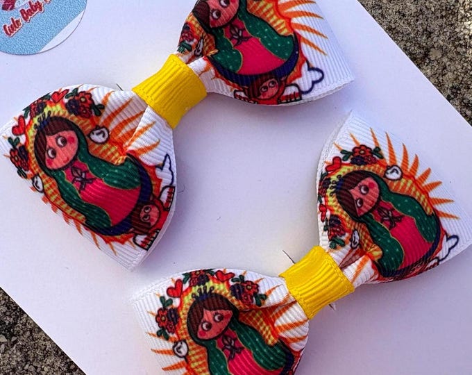 Small Virgin Mary and Jesus love me Hair Bows: Catholic Girl Alligator Clip