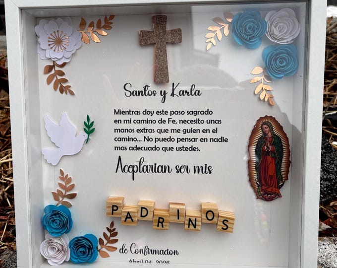 Godparents Proposal Shadow Box: Baptism Gift with Paper Flowers, Mi Bautizo, Propuesta