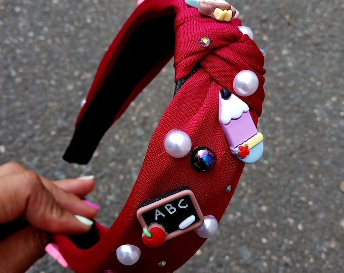 Knotted Back to School Headband: Red or Pink, Crayon & Apple