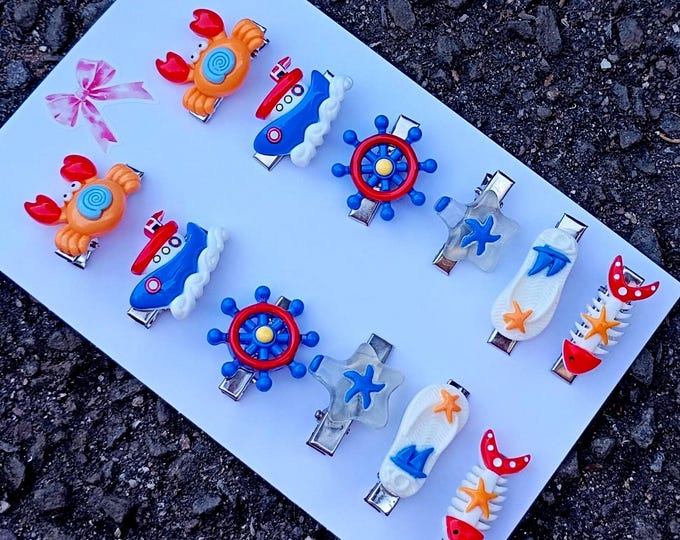Sailor Resin Hair Clip Set: Dainty Sea Creature Resin Barrette- Red Crabs, Orange Crabs, Pink Seashells, Pink Octopuses, Blue Whales