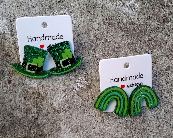 Small Resin Earrings St Patrick’s Day-Three Leaf Clover Stud-Rainbow Earrings Women Green-Earrings-Leather Leaf Three Clover Stud-Accessorie