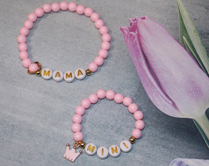 Mama & Mini Pink bracelets-Set of personalized-elastic with Pink Pearls and gold letters-Mother Daughter CROWN Mermaid Pearl Bracelet