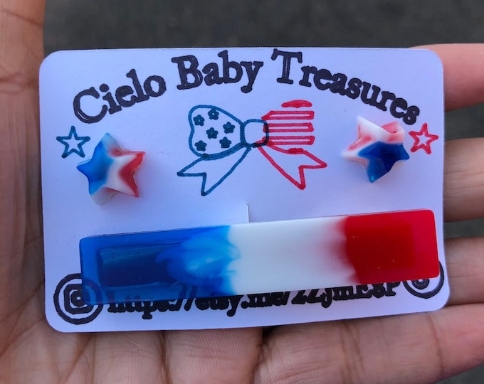 Resin Earrings or Barrette Patriotic Hair Clip/July 4th Barrette/White,Blue and Red Hair Clip/Resin BarretteUSA Hair Clip/Patriotic Barrette