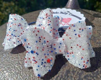 Pigtail Bows Glitter Small Hair Bow July 4th Bow,Baby Patriotic Bow,White,Blue and Red,4th of July,My First Independence Day USA Baby Girl