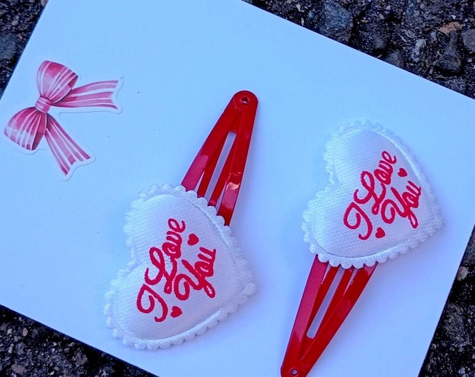 I Love You Heart Headband or Hair Clips & Alligator Clips  XOXO Satin Accessories