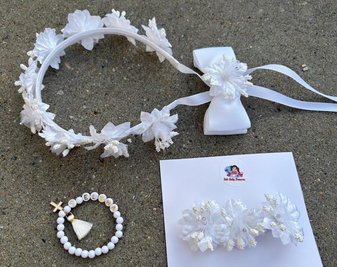 First Communion Flowers Crown with Rhinestone Cross, Bracelet Baptism Headpiece, Wedding Ceremony Accessory