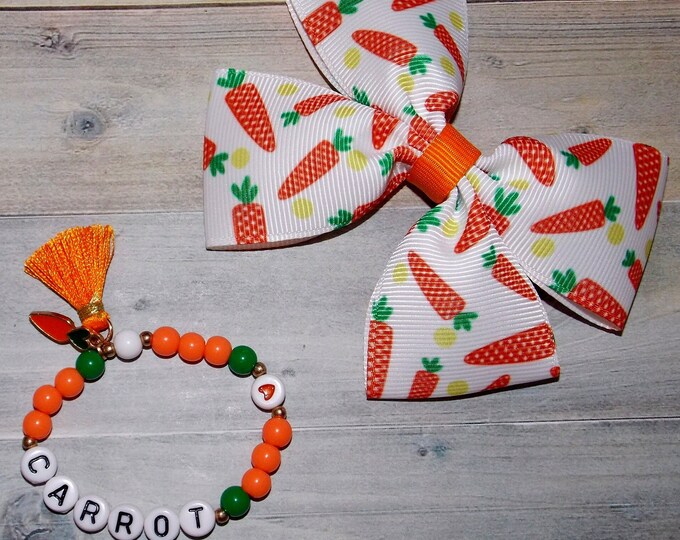 Carrots Personalized Bracelet and Hair bow-Easter Gift For Baby Girls-Orange and Green Hair Bow-Easter Basket Stuffer-Eater Bow-Birthday Bow