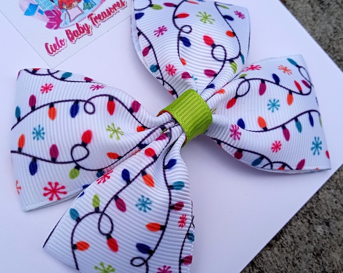 My First Christmas Light Hair Bow-Holly Toddler Bow-Nylon Headband for Baby/Holiday Piggy/Present-Photo prop-Red Holiday Bow-Tree-Medium