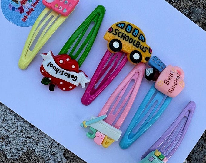 Set of 2-Back to School Hair Clips: Resin Pencil, Apple, Bus