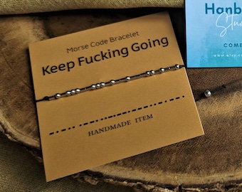 Morse Code Secret Message "Keep Fucking Going" Friendship Support Adjustable Bracelet Gift Present, Promise Card