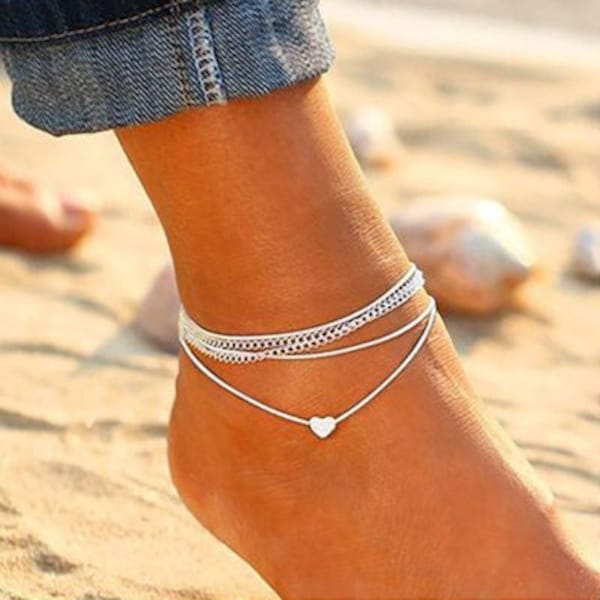 Boho Silver Chain Heart Anklet, Layered Dainty Heart Anklet, Personalisable Initial Anklet, Ankle Bracelet, Love Anklet