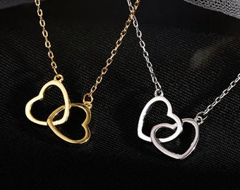 Collar de corazón doble, collar de corazones de amor enlazados, collar de corazón de oro, collar de corazón de plata