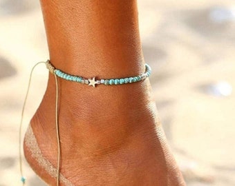 Star Decor Beaded Anklet, Simple Anklet, Personalisable Initial Anklet