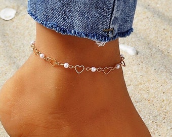 Heart and Faux Pearl Anklet, Dainty Anklet, Heart Anklet, Pearl Anklet Personalisable Initial Anklet