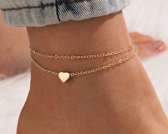 Boho Silver and Gold Heart Decor Anklet, Layered Dainty Heart Anklet, Personalisable Initial Anklet, Ankle Bracelet, Love Anklet