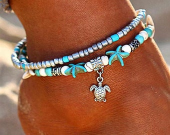 Boho Turtle and Starfish Decor Beaded Layered Anklet, Beach Anklet, Sea Anklet, Gifts for Her