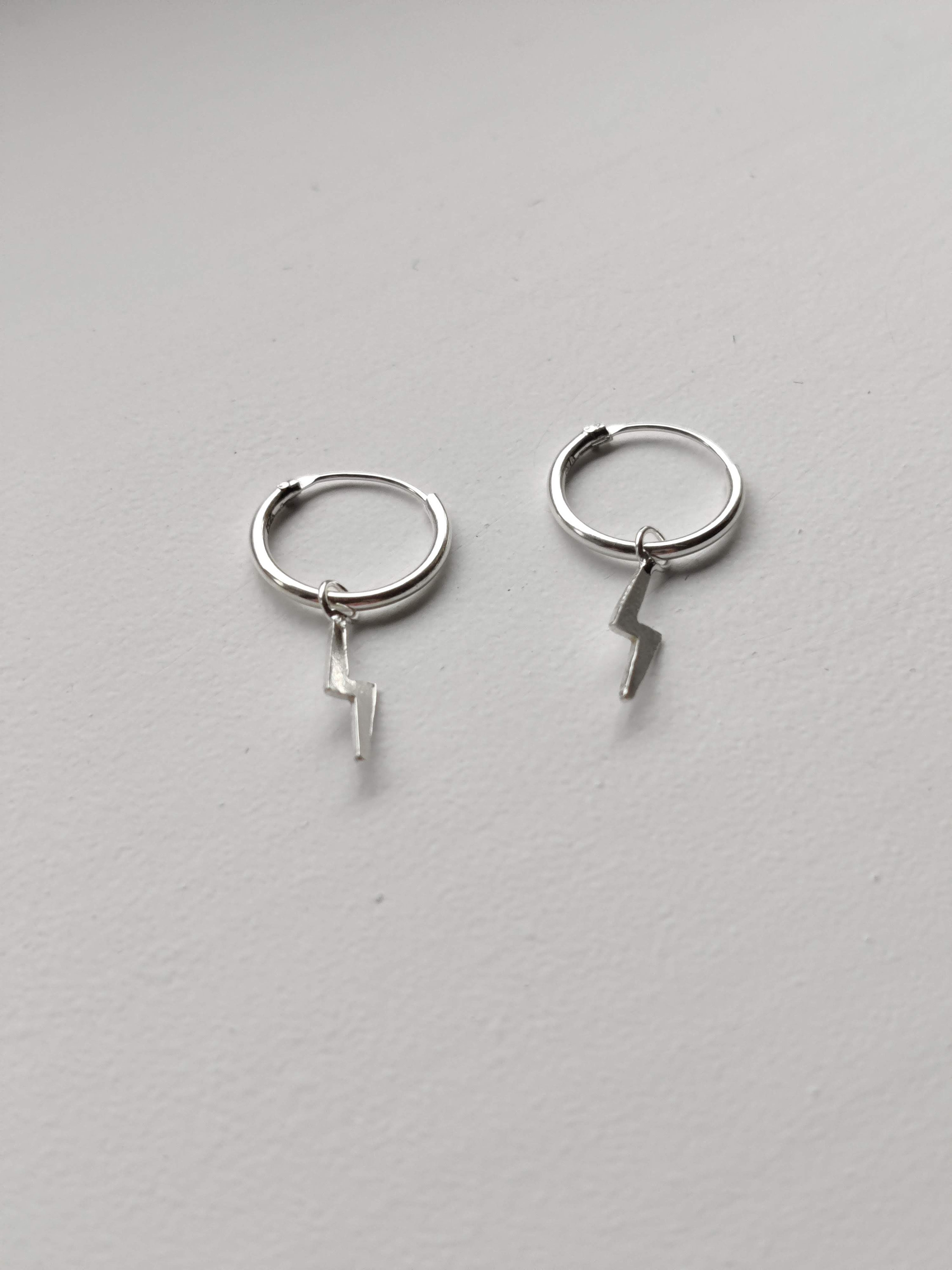 925 Sterling Silver Lightning Hoop Earrings Lightning Bolt Etsy